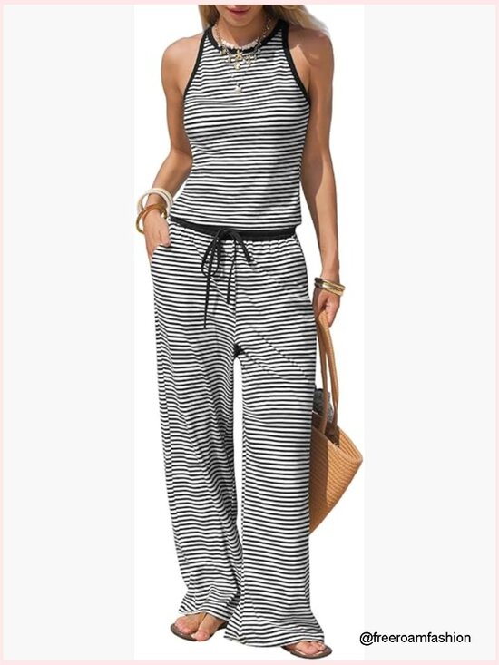 Pants - Cotton Summer 2 Piece Outfits Striped Halter Tops Wide Leg Pant Sets Lounge